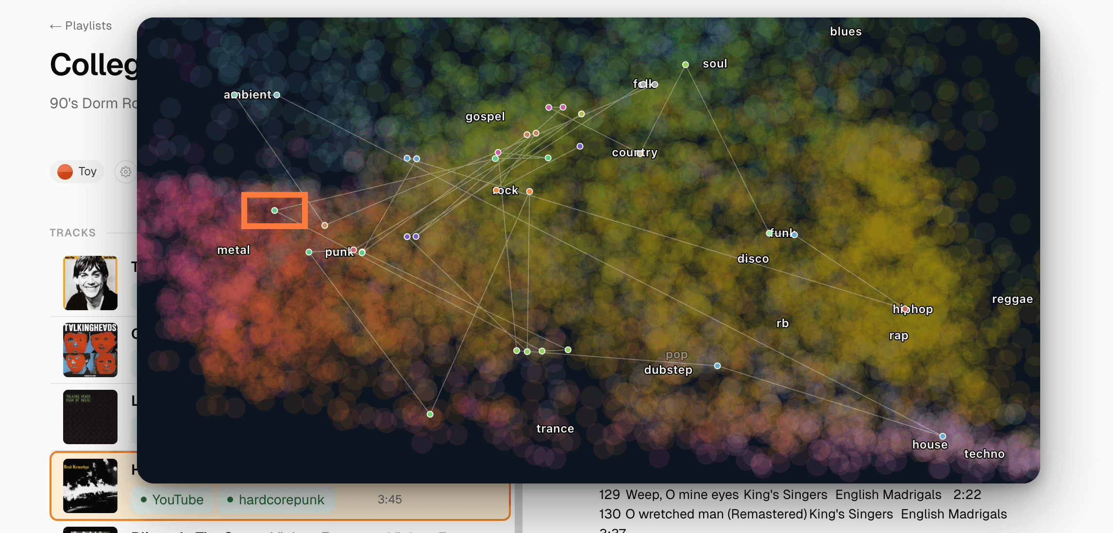 Sonic map of a playlist showing genre clusters across the EveryNoise scatter, with an orange viewfinder around the now-playing track near the metal region.